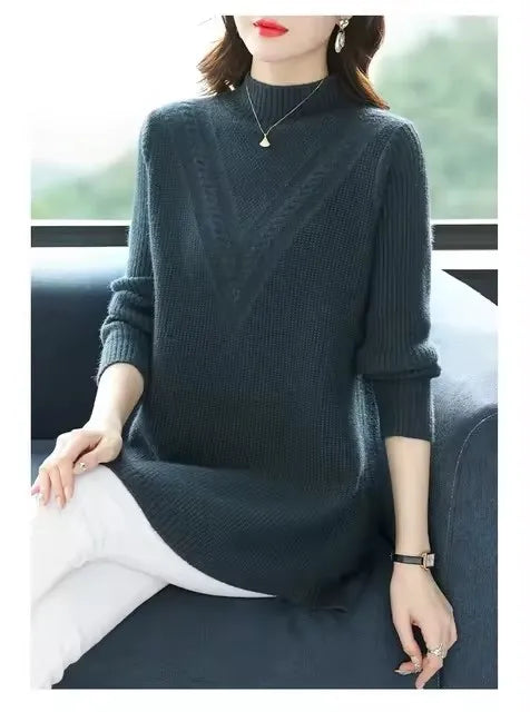 Mother Long Sleeve Casual Long Wool Sweaters New Autumn Winter Large Size Women Pullovers Fashion Half Turtleneck Knitted Dress