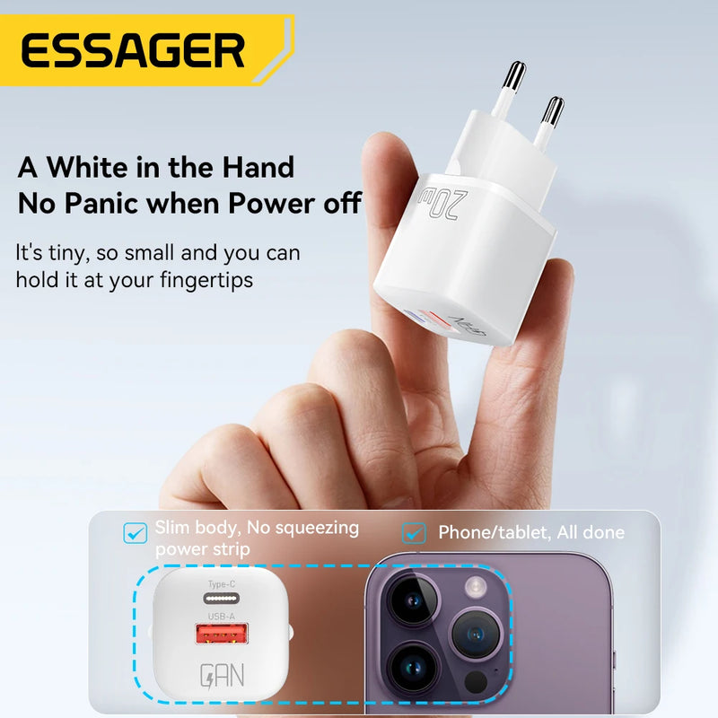 ឆ្នាំងសាក Essager 20W GaN USB Type C PD សាកថ្មលឿន QC 3.0 សម្រាប់ iPhone 15 14 13 12 Pro Max Mini iPad សាកថ្មបានលឿន