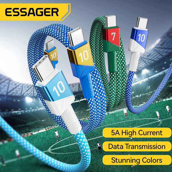 ខ្សែសាក ESSAGER 100W 5A USB C ទៅ USB C សម្រាប់ iPhone 17 16 15 14 Pro Max MacBook iPad Laptop សាកថ្មលឿន ក្រុមបាល់ទាត់ ពណ៌ ខ្សែ