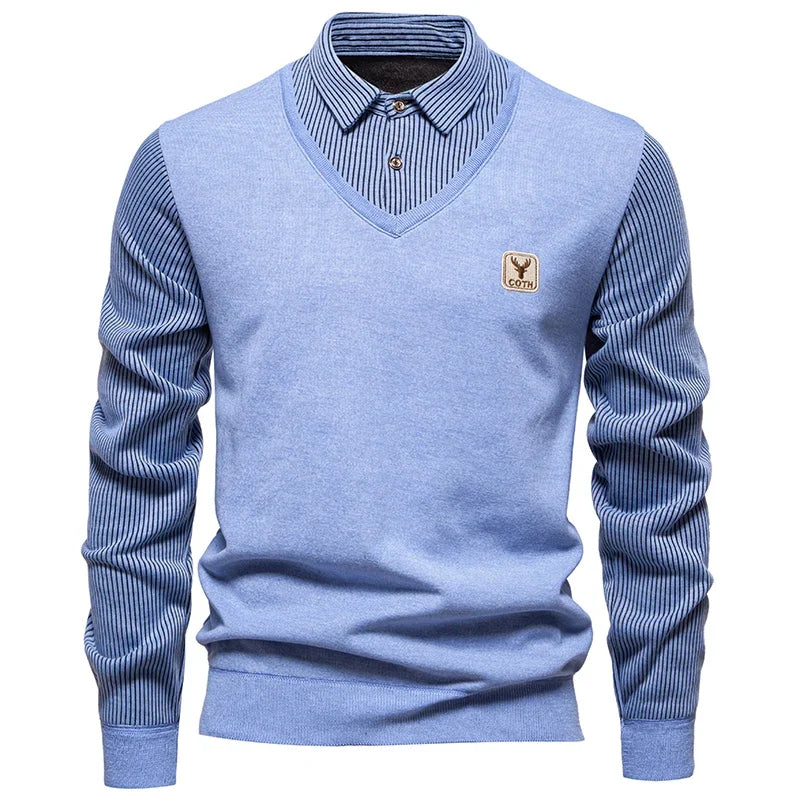 Male Business Knitted Sweater Fake Two Piece Vest Outer Striped Long Sleeve Lapel Shirts Soft Warm Daily Pullover