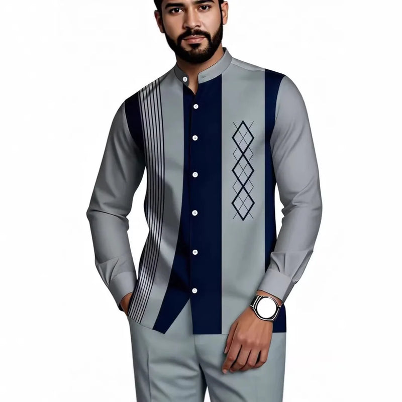 Men's Two-piece Set for Spring/Fall: An Ethnic-style Long-sleeve Shirt Paired with Pants, Red, Blue, Green, Gray, Black, Purple.