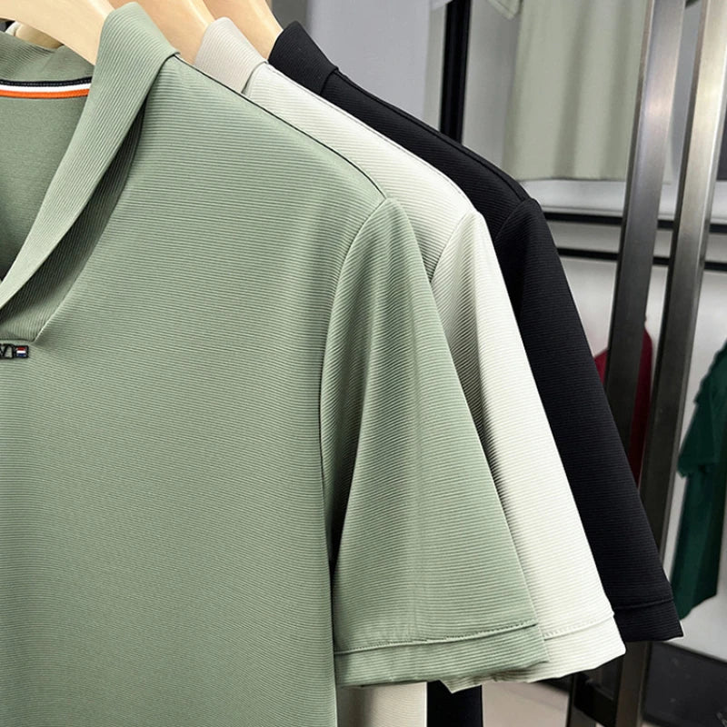 V-neck Elegant Men's Stretch Solid Color Short Sleeve T-shirt, Daily Commuting Top.2025 Summer New Arrivals