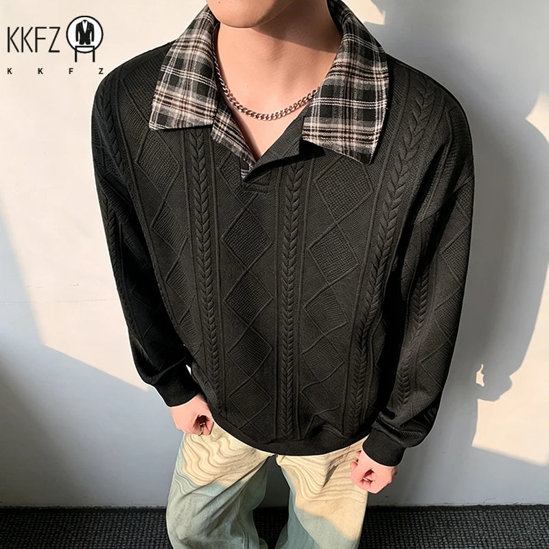 Ens Plaid Lapel Collar Long Sleeve Cable Jacquard Polo Shirt Geometric Embossed Texture Soft Handfeel Top
