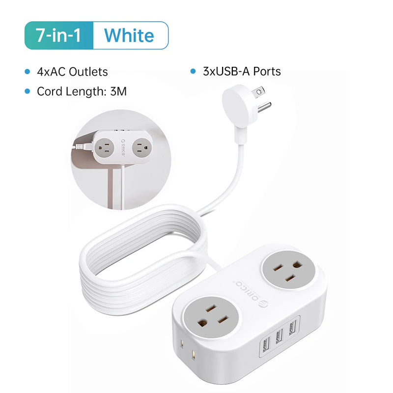 ORICO Travel Power Strip with USB C AC Outlets 3 USB Ports Wrapped Flat Plug Extension Cord with Multiple Outlets for Travel
