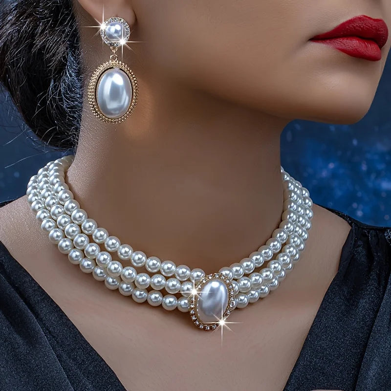 Stylish Imitation Pearl Necklace and a Pair of Stylish Imitation Pearl Pendant Earrings for Women's Set