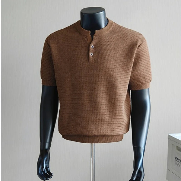 Men’s Short Sleeve Knit Polo Shirt Vintage Old Money Style Solid Color Breathable Cool Touch Henley Collar Top