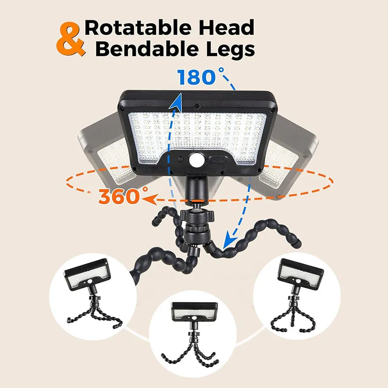 ភ្លើងជញ្ជាំងសូឡាប្រភេទ Tripod Octopus ចំនួន 92 អំពូល LED ដំណើរការដោយ USB អាចលៃតម្រូវមុំបាន ឧបករណ៍ចាប់សញ្ញាចលនា ភ្លើងផ្លូវសូឡា សម្រាប់បំភ្លឺសួនច្បារ ទីធ្លា
