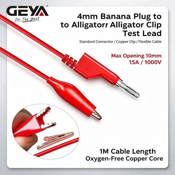ខ្សែសាកល្បង GEYA 5pcs 4mm ដែលអាចដាក់ជង់ចេកទៅនឹងខ្សែសាកល្បង Alliagtor Clip ក្ដាប់ក្រពើ ខ្សែសាកល្បងម៉ាល់ទីម៉ែត្រប្រើប្រាស់បានយូរ 1M