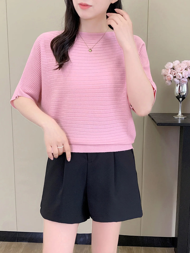 Female Jumper Korean Short Knitted Sweater One-word Collar Top Women's Five-quarter Sleeves Spring Autumn Pullover Shirt