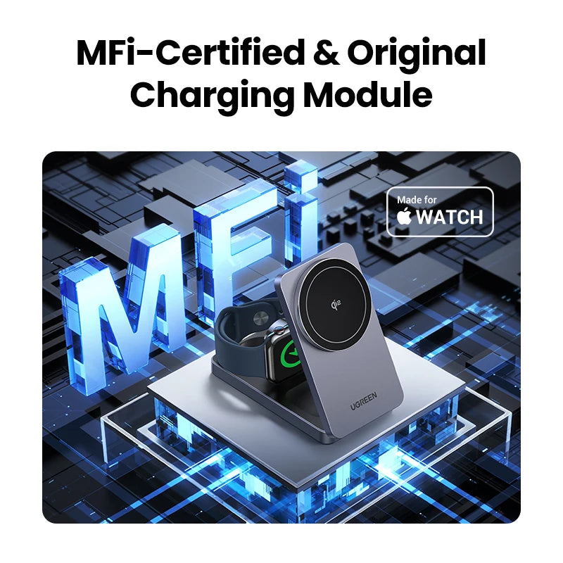 UGREEN 3-in-1 MFi 15W MAX Magnetic Wireless Charger Qi2 Certificated Charging Stand For iPhone 16 17 Pro Max Fast Charger