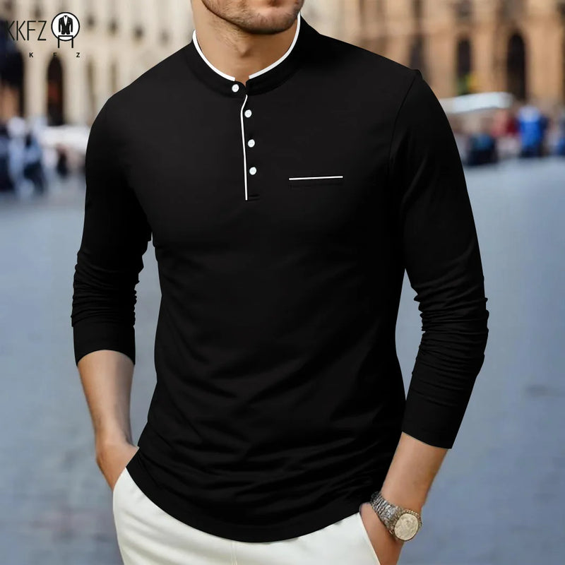 Men's Korean Style Business Casual Long Sleeve T-Shirt Three Button Stand-up Collar Comfortable Versatile Top for Men
