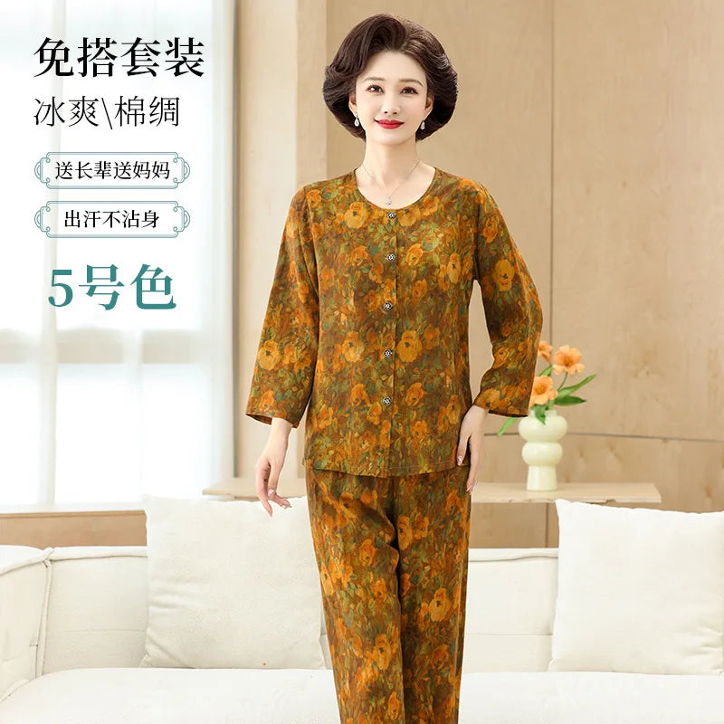 Middle-aged XL-4XL LARGE Home Wear Nightwear for Women Pajamas Floral Spring New Long Sleeve Pyjamas Set Woman Night Clothes