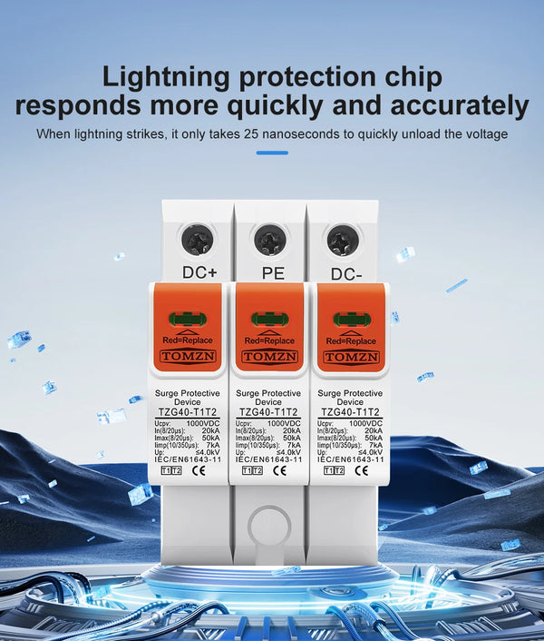 TOMZN T1/T2 DC SPD Surge Protective Device–1000V/1200V 20-50kA (8/20μs) 7kA (10/350μs) Low-Voltage Arrester for PV Solar Systems