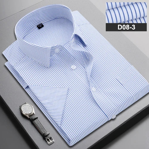 Summer Men's Vertical Striped Short-sleeved Cotton Shirt, Single-breasted Square Collar Shirts with A Pocket on The Left Chest