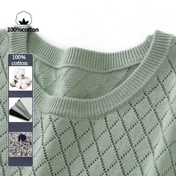 Men's 100% Cotton Short Sleeve T-Shirt with Diamond Knit Texture – Breathable Crew Neck Casual Top
