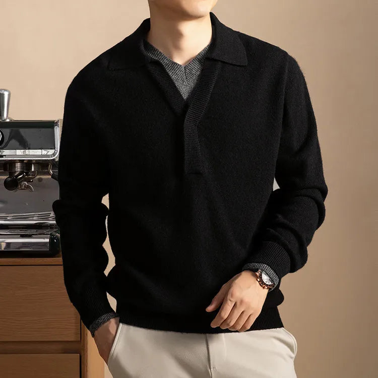 Men's Faux Two-Layer Sweater, 100% Wool 500g, Turn-Down Collar, Old Money Loose Fit Gold Standard Craft