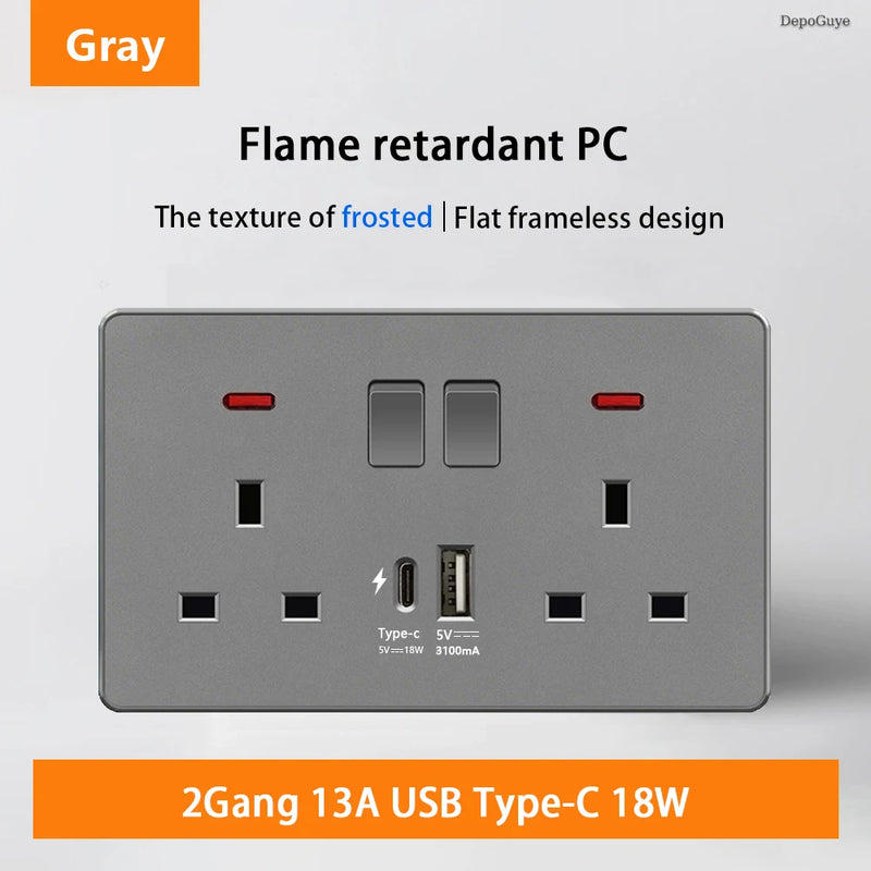 18W Type-C Plug Quick Charging Universal 5-pin Dual Power Socket,UK Standard 13A Wall Socket with DC 5V 3.1A Type-c USB Charger