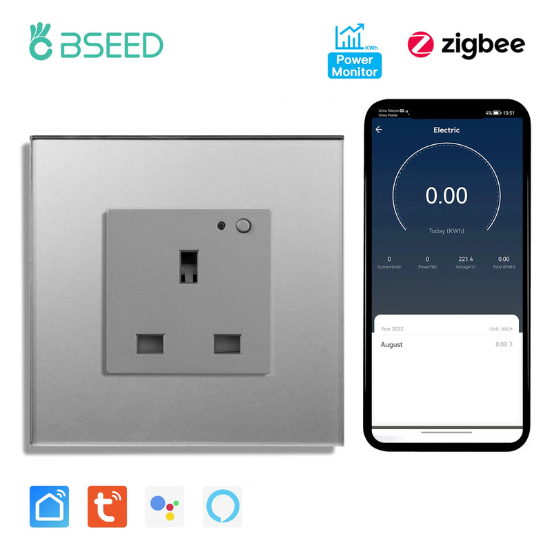 BSEED UK Standard Zigbee Power Monitor Socket Smart Double Electric Power Outlets Tuya Smart Iife Google Home Control 13A