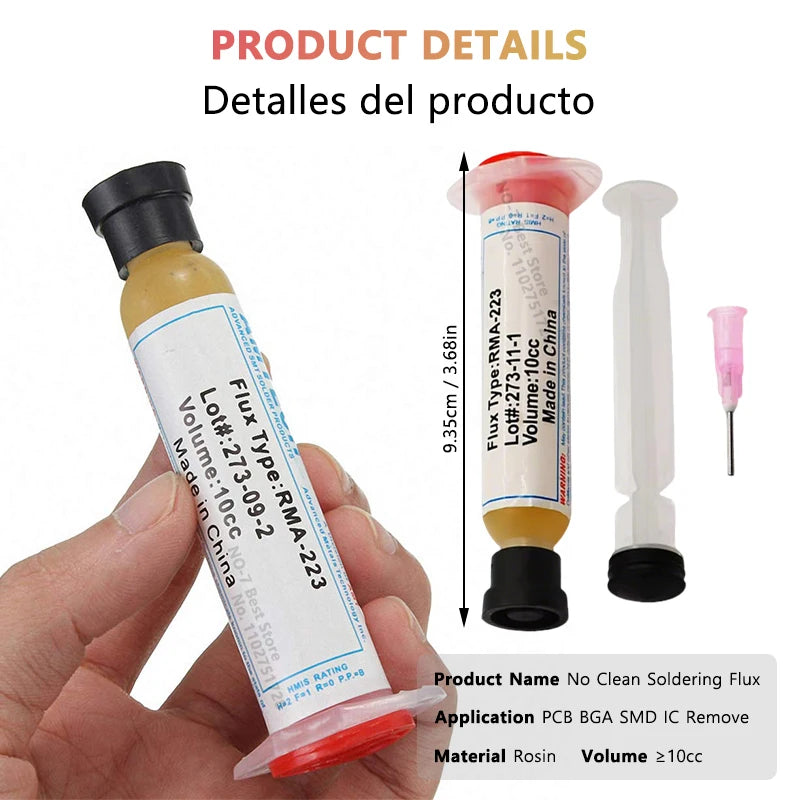 ហ្វ្លុយស៊ីល័រ RMA-223 Rosin 10cc មានជាតិស្អិតខ្ពស់ ផ្សែងទាប គ្មានសំណល់ សម្រាប់ឧបករណ៍ជួសជុលទូរស័ព្ទ និងបន្ទះឈីបកុំព្យូទ័រ PCB BGA PGA