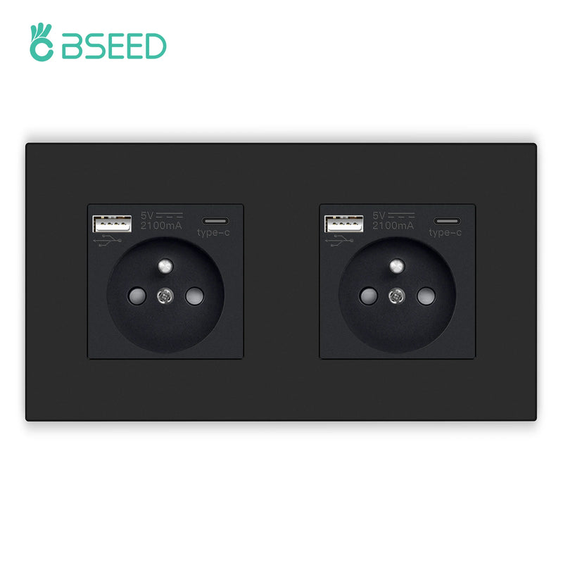 BSEED French Wall Power Socket Dual USB Type-C Charging Interface for Phone/PC Plastic Frame French Electric Outlet 250V