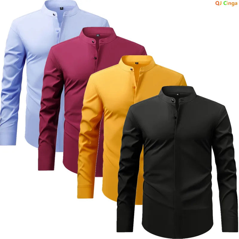Men's Black Long-sleeve Stand-collar Shirt for Spring and Fall; Blue Single-breasted Stretch Shirts; Red, Yellow, Green, White.