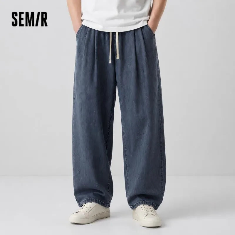 Semir Men Pants Denim Cotton Skin Friendly Loose Wide Leg Elastic Waist Drawstring Micro Pleated 2026 Summer Casual Style Fashio