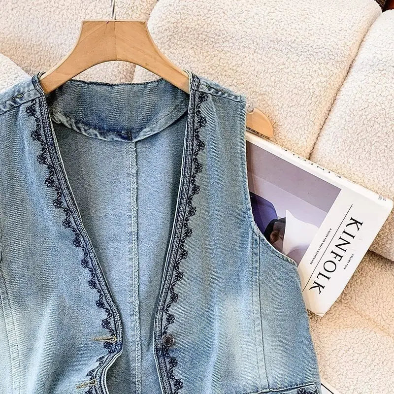 Denim Vest Spring and Autumn Fashion Retro Embroidered Vests Jackets Versatile Sleeveless Top Women Waistcoat Chalecos Mujer