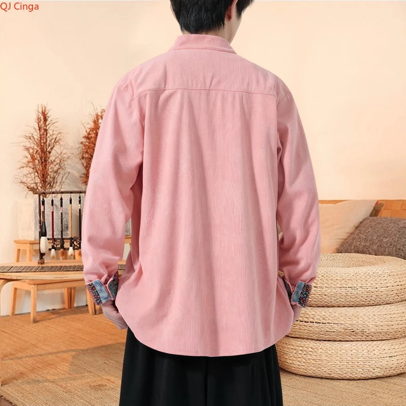 Retro-style Men's Black Long-sleeve Jacket with Chinese Dragon Motif, Single-breasted Stand-up Collar Coat.pink,Red,Apricot Top.