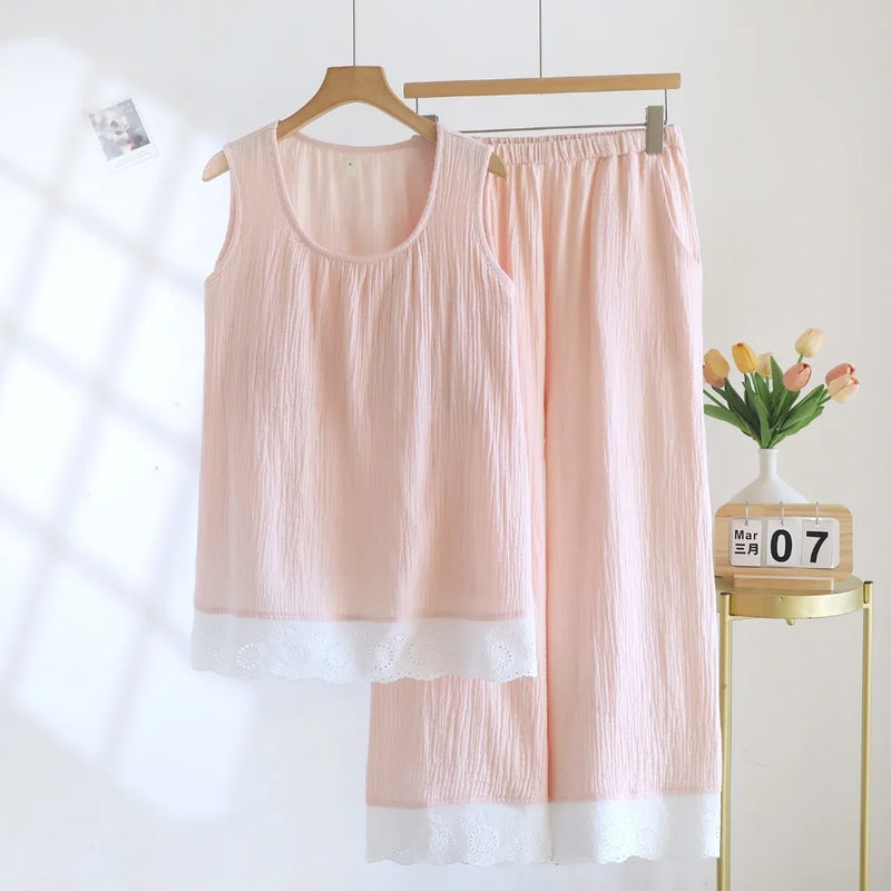 Two Piece Thin Sleeveless Pajamas Woman Summer Sleepwear Cotton Home Suit Sleep Loose Lounge Pijama Wear Women's Home Clothes