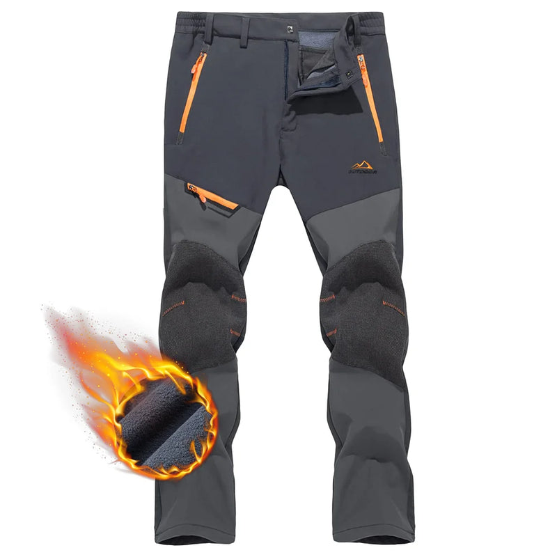 TACVASEN Winter Fleece Pants Mens Waterproof Camping Fishing Hiking Pants Zipper Pocket Reinforce Knee Casual Trousers Male