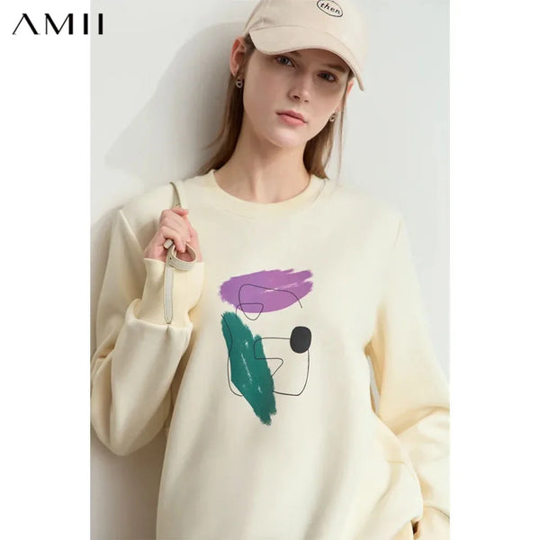 AMII Minimalism Casual Sweatshirt For Women 2026 Winter New Print Fleece Loose Elastic O-Neck Thick Long Sleeve Tops 12424053