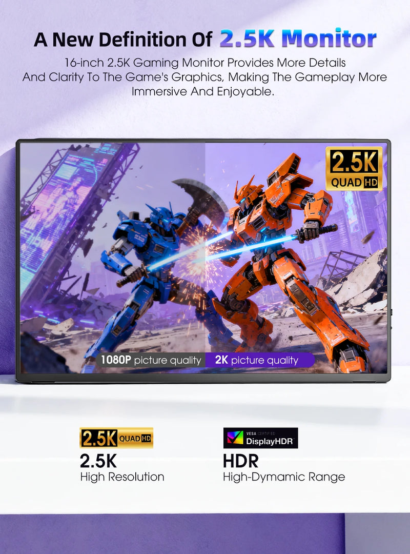 UPERFECT 2.5K Portable Monitor 16" QLED 2560x1600 100%sRGB HDR USB-C HDMI Second Laptop Computer Gaming Display Travel Screen