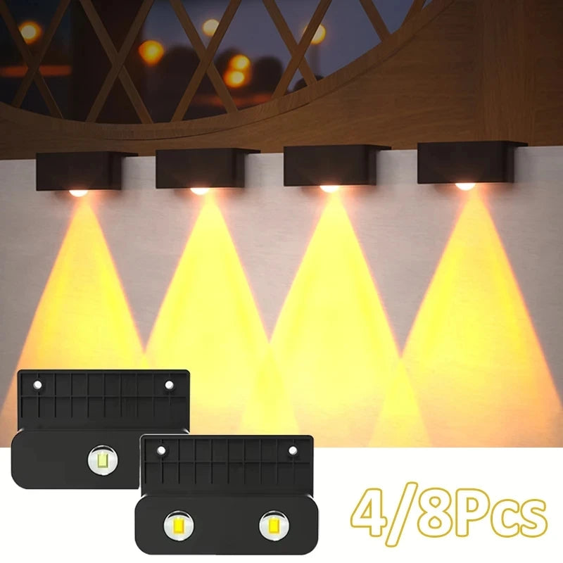 ភ្លើង LED ដើរដោយថាមពលព្រះអាទិត្យ 1/4 ដុំ ភ្លើងរានហាលខាងក្រៅ IP65 ចង្កៀងជញ្ជាំងការពារទឹកសម្រាប់ផ្ទះ ទីធ្លា ជណ្តើរ របង អាងហែលទឹក សួនច្បារ តុបតែងភ្លើងបំភ្លឺ