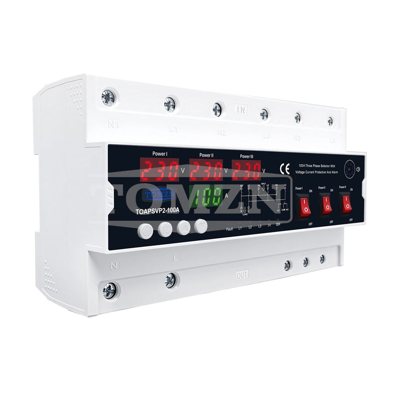 TOMZN TOAPSVP2-100A 100A 3-Phase Selector Voltage Current Relay Protection Alarm Display Cut Off L N NO NC 3 In 1 Out