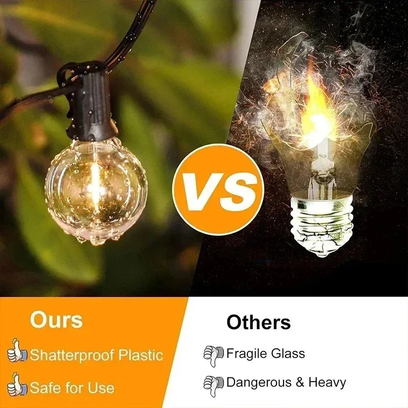 ភ្លើងខ្សែ LED ក្រៅផ្ទះ G40 អំពូលភ្លើង Patio ដែលអាចបន្ថយពន្លឺបាន ភ្លើងខ្សែព្យួរការពារទឹកជ្រាប ជាមួយអំពូលពណ៌សក្តៅ ធន់នឹងការបែក