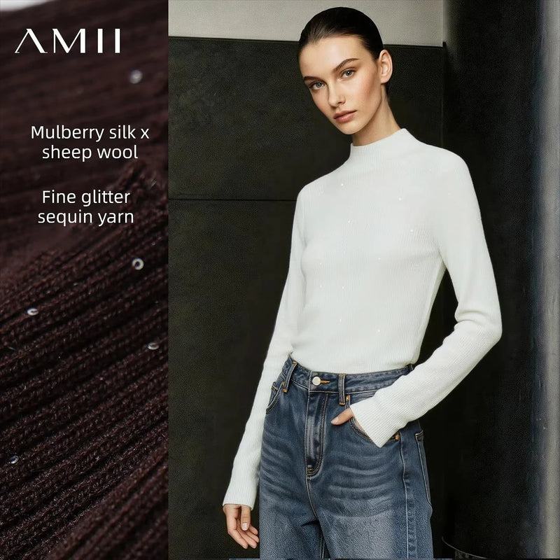 Amii Women's Silk Mock Neck Knit Top Slim Fit Versatile Commuter Minimalist Autumn 2026 Sweaters for Women 12614010