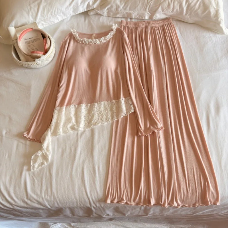 2 Piece Nighty Women's Pajamas Home Wear Chest Pads Pyjamas Autumn Long-Sleeve Top with Elastic Pants Nightwear Woman Sleepwear