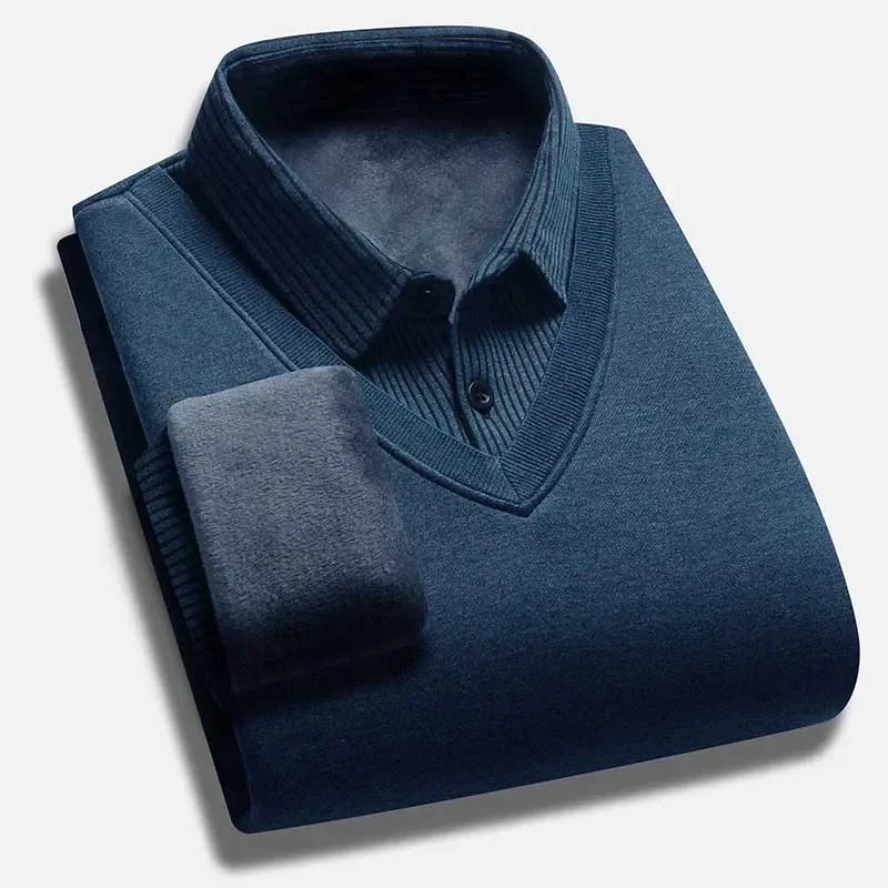 Mens Long Sleeve Collared Pullover Fake Vest Knit Design Full Fleece Lined Vertical Stripe Thermal Cold Weather Business Attire