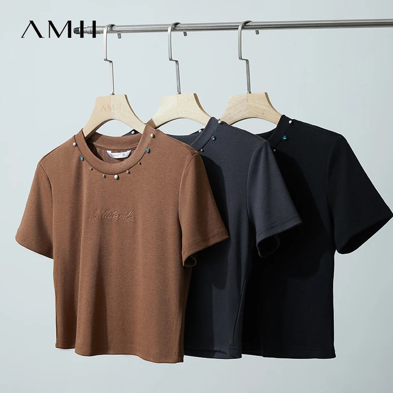 AMII Minimalist Short Women Clothes T-shirt 2026 Summer New Round Neck Short-sleeved Casual Versatile Solid Slim Tops 12542091