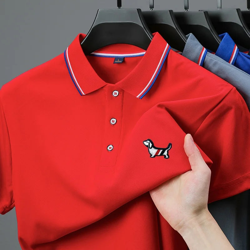 Summer New Men Short-Sleeved Polo Shirt Lapel Color Blocking Dog Embroidery Business Casual Polo Shirt Ventilate Men's Clothing