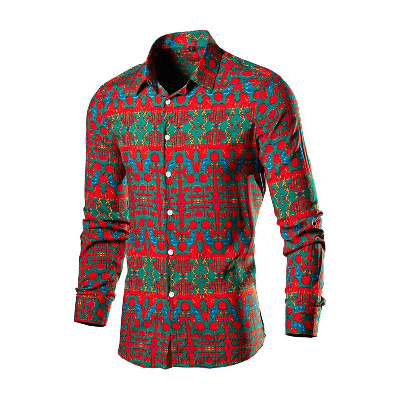 2026 Chinese Style Bright Men's Red Print Long Sleeve Shirt, Single Breasted Lapel Shirts, Green Black Fashion Casual Camisa