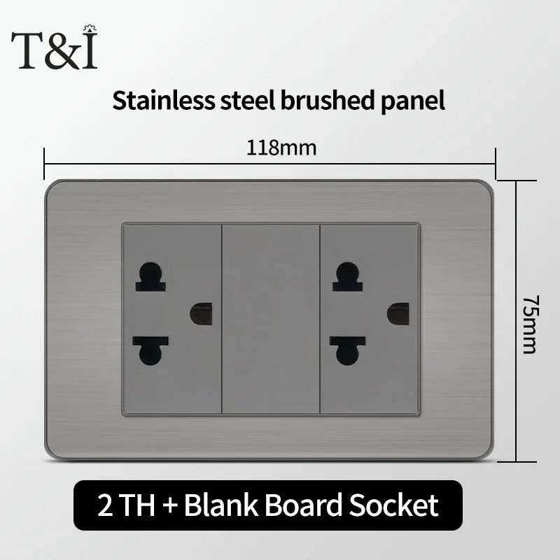 T&I 118 Premium Stainless Steel Brushed Wall Socket with USB Type - C, US Switch, Thai Plug for Home & Office Use