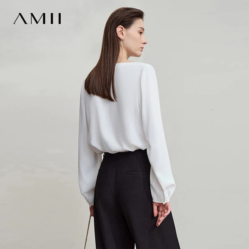 AMII 2026 Autumn Women Blouse Minimalism Solid Loose Simple Gentle Breeze Long-sleeve Office Lady Shirts Female Tops 12543062