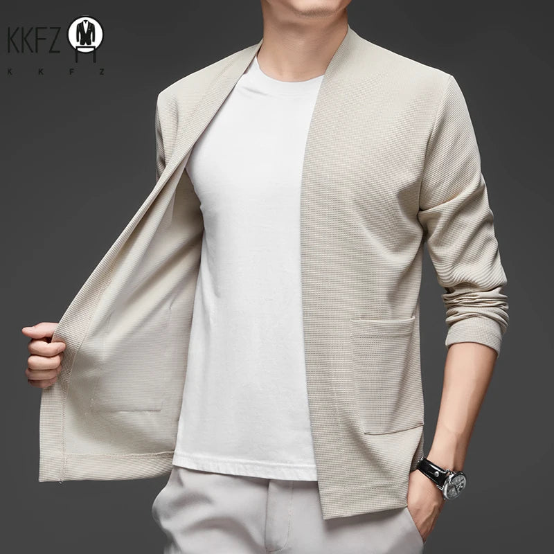 New Men's Business Casual Long Sleeved Solid Color Cloak Jacket Knitted Comfortable and Fashionable All Season Versatile Top