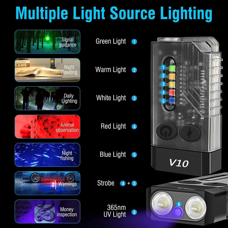 ភ្លើងពិល EDC V3/V10 ភ្លើងសោរប្រភេទ C អាចសាកបាន ភ្លើងពិលតូចភ្លឺខ្លាំង ជាមួយមេដែក UV សម្រាប់បោះតង់ ចង្កៀងហោប៉ៅ