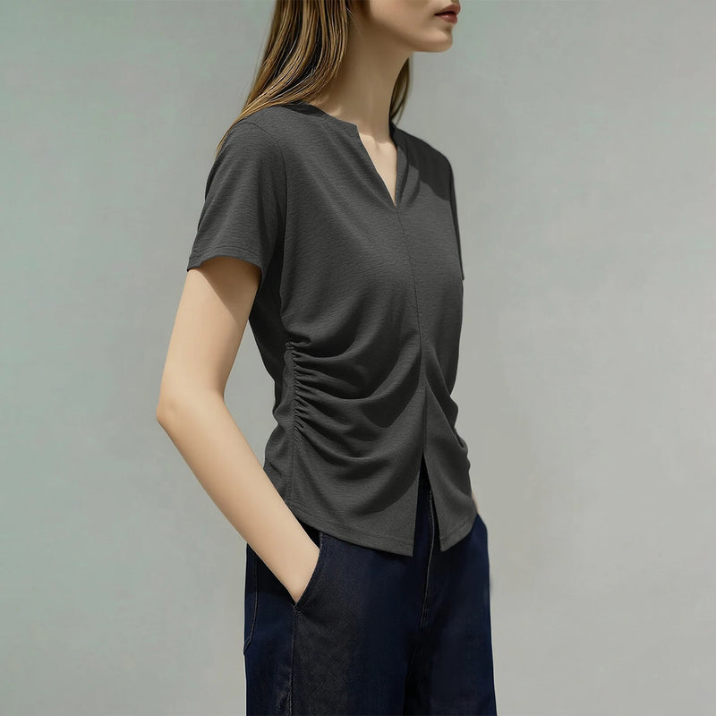Amii Women's T-Shirt 2026 Summer New V Neck Hem Slit Shirred Knit Top Colid Color Casual Women's Short Sleeve T-shirt 12622129