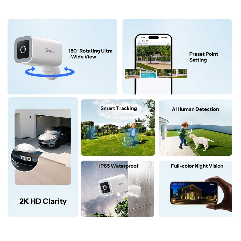SONOFF CAM-B1P 2K HD Outdoor Smart Security Camera AI Human Detection IP65 Weatherproof Smart Tracking Full-Color Night Vision