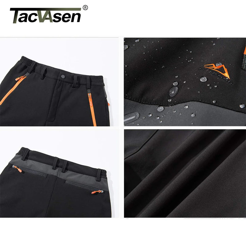 TACVASEN Winter Fleece Pants Mens Waterproof Camping Fishing Hiking Pants Zipper Pocket Reinforce Knee Casual Trousers Male