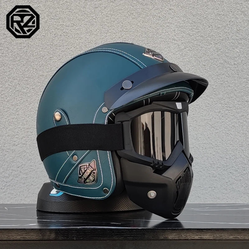 Vintage Leather 3/4 Jet Motorcycle Helmet, Handmade Leather Surface Adult Scooter Cruiser Riding Helmet Casque Moto