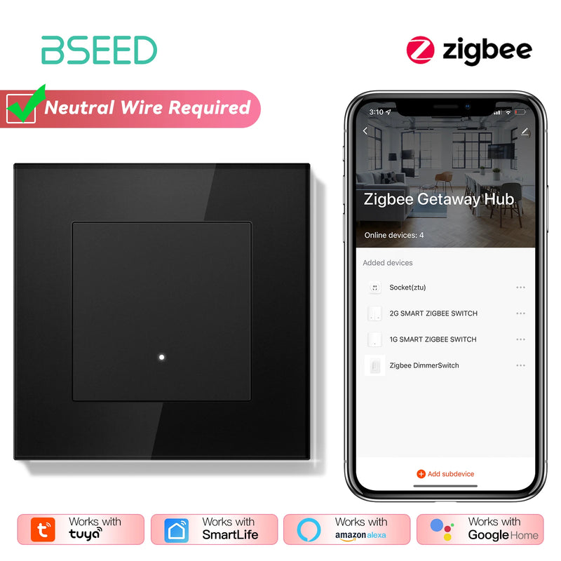 BSEED 1/2/3Gang 2Way Zigbee Light Switch With EU Wall Socket Smart Click Button Switch Glass Panel Tuya Smart Life Alexa Control